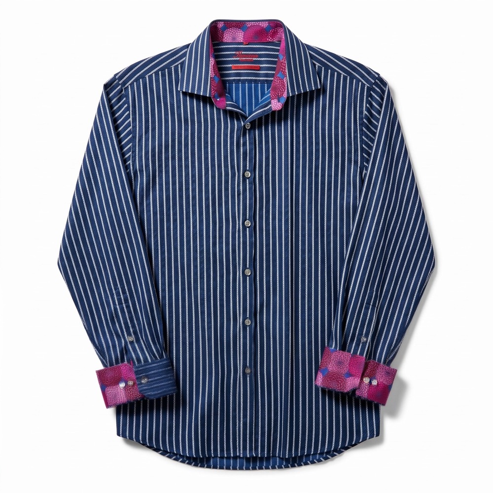 Luciano Visconti Shirt‎ Mens XL Navy Blue Pinstripe Floral Flip Cuffs